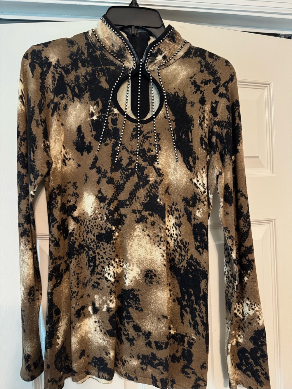 Reba Brown and Black Embellished Keyhole Long Sleeve Top